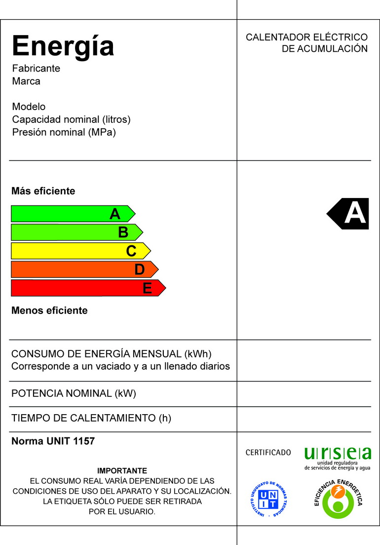 Etiqueta de eficiencia energética del termotanque